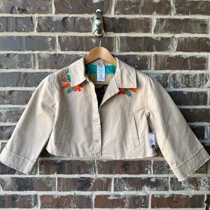 NWT Disney Moana Girls Cropped Jacket Khaki Floral Embroidered Collar Coat S 13